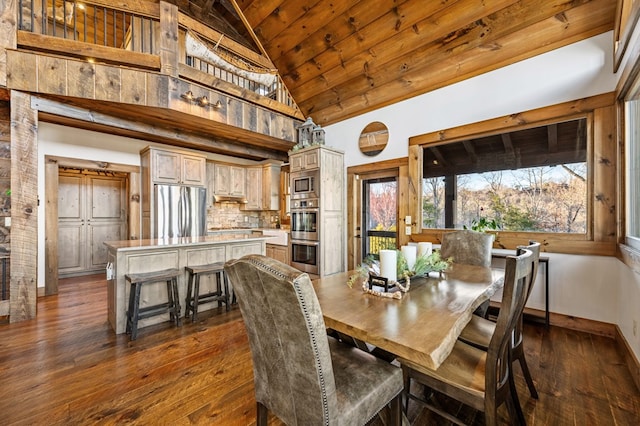 dining space with high vaulted ceiling, wooden ceiling, and dark hardwood / wood-style floors