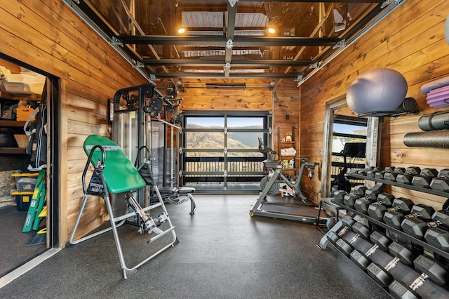 workout area with wood walls and plenty of natural light