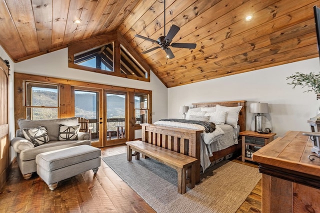 bedroom featuring wooden ceiling, access to outside, ceiling fan, hardwood / wood-style flooring, and high vaulted ceiling