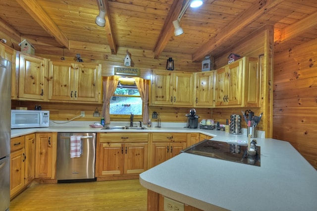 kitchen with a sink, appliances with stainless steel finishes, wooden ceiling, wood walls, and light wood finished floors