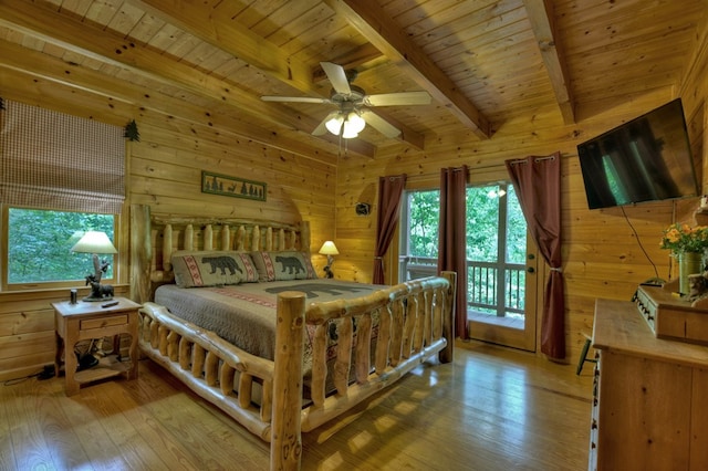 bedroom featuring light wood-type flooring, beam ceiling, wood ceiling, and wood walls