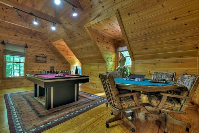 recreation room featuring pool table, wood walls, wood ceiling, lofted ceiling, and wood-type flooring