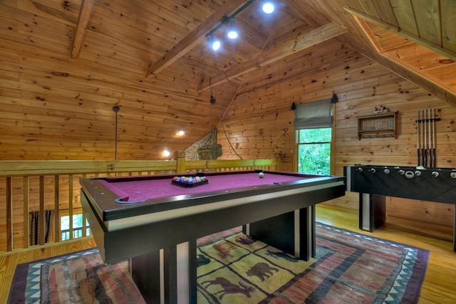 rec room with wooden walls, pool table, vaulted ceiling with beams, wood ceiling, and wood finished floors