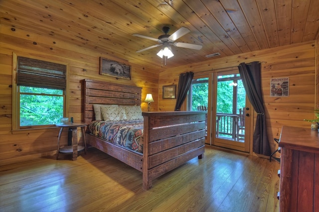 bedroom with wooden ceiling, wooden walls, and wood finished floors