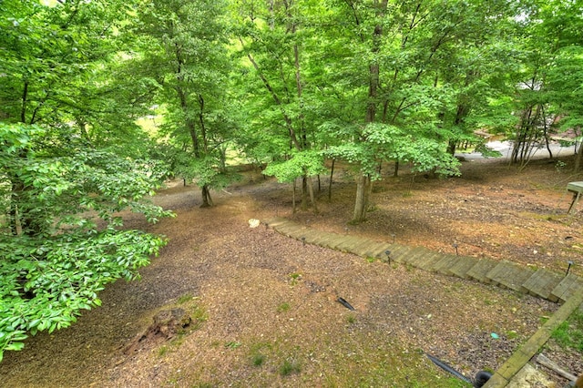 view of yard featuring a forest view