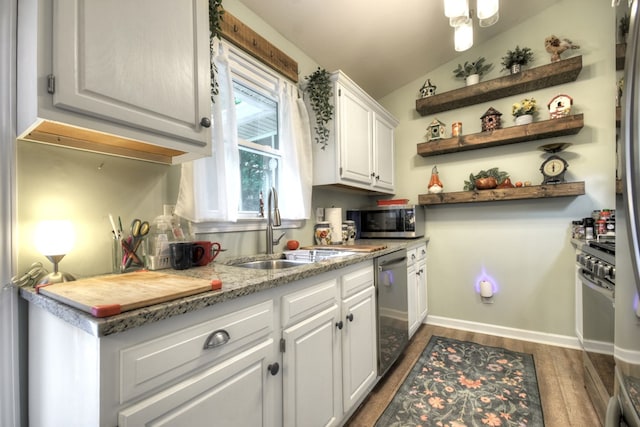 27 Ivy St, Ellijay, GA 30540 - kitchen featuring appliances with stainless steel finishes, a sink, dark wood finished floors, white cabinets, and open shelves