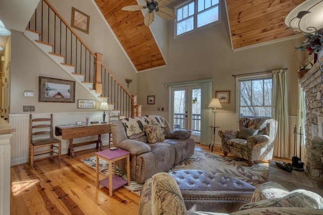 526 Garland Ridge Dr, Hayesville, NC 28904 - living room featuring plenty of natural light, wooden ceiling, light wood finished floors, and wainscoting