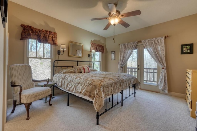 526 Garland Ridge Dr, Hayesville, NC 28904 - bedroom featuring french doors, access to outside, baseboards, light colored carpet, and ceiling fan