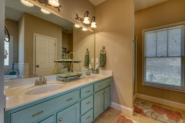526 Garland Ridge Dr, Hayesville, NC 28904 - full bath featuring tile patterned floors, double vanity, baseboards, and a sink