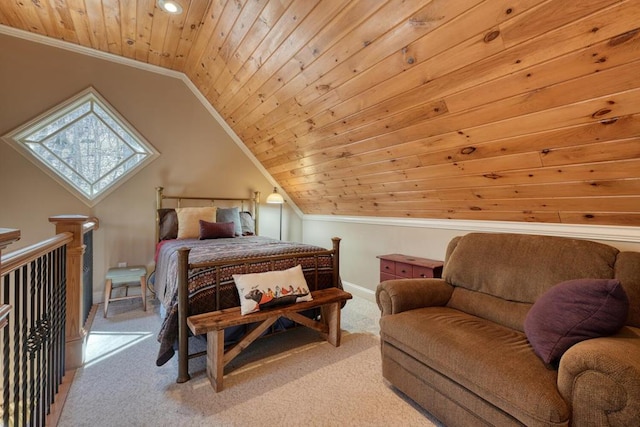 526 Garland Ridge Dr, Hayesville, NC 28904 - bedroom with vaulted ceiling, wood ceiling, light carpet, baseboards, and ornamental molding