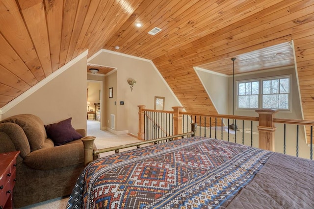 526 Garland Ridge Dr, Hayesville, NC 28904 - carpeted bedroom featuring visible vents, baseboards, ornamental molding, lofted ceiling, and wooden ceiling