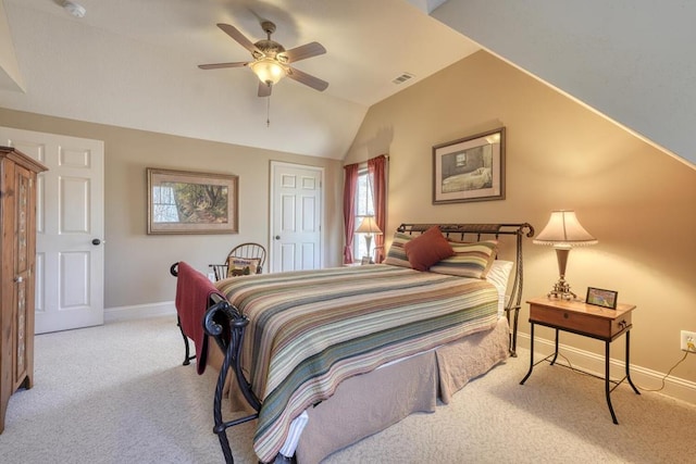 526 Garland Ridge Dr, Hayesville, NC 28904 - bedroom with carpet flooring, visible vents, baseboards, a ceiling fan, and vaulted ceiling