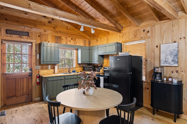 222 Icy Ln, Blue Ridge, GA 30513 - kitchen featuring black appliances, green cabinetry, wooden walls, wooden ceiling, and light wood-style floors
