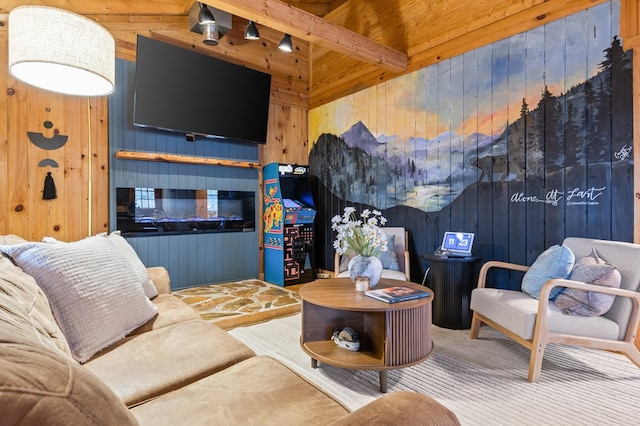 222 Icy Ln, Blue Ridge, GA 30513 - living area featuring wood walls and beam ceiling