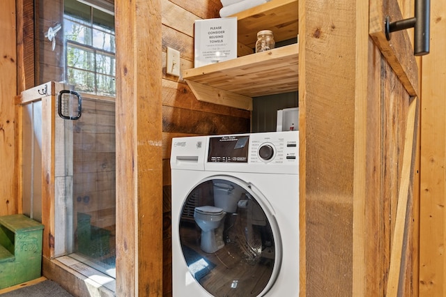 222 Icy Ln, Blue Ridge, GA 30513 - laundry room featuring washer / clothes dryer and wood walls