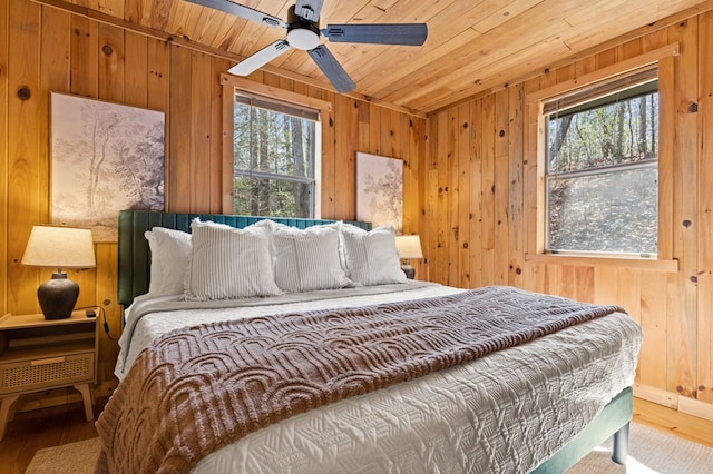 222 Icy Ln, Blue Ridge, GA 30513 - bedroom with wooden walls, wood finished floors, wood ceiling, baseboards, and ceiling fan