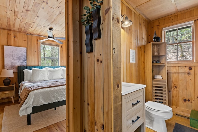 222 Icy Ln, Blue Ridge, GA 30513 - bathroom featuring wood ceiling, wooden walls, healthy amount of natural light, toilet, and a ceiling fan