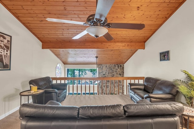 living area featuring wood ceiling, a ceiling fan, vaulted ceiling, carpet flooring, and baseboards