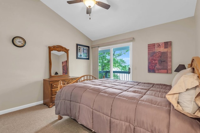 bedroom featuring access to exterior, light colored carpet, vaulted ceiling, baseboards, and ceiling fan