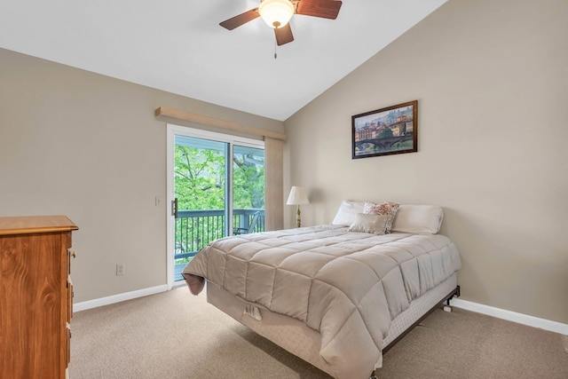 bedroom with access to exterior, baseboards, carpet flooring, vaulted ceiling, and a ceiling fan