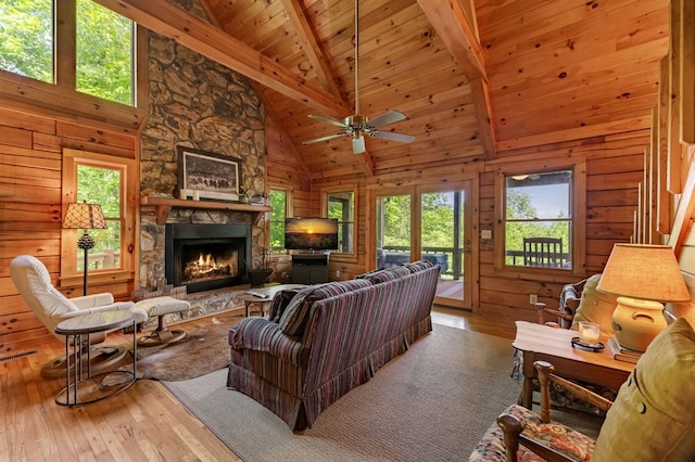35 The Blf, Morganton, GA 30560 - living room with hardwood / wood-style flooring, beamed ceiling, a fireplace, wood ceiling, and high vaulted ceiling