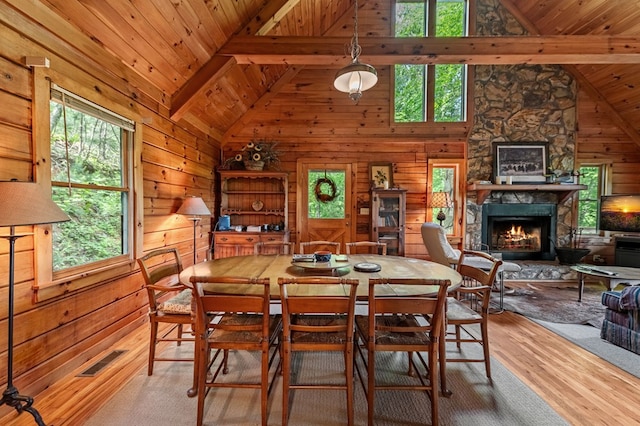 35 The Blf, Morganton, GA 30560 - dining area with wood finished floors, a fireplace, wooden walls, wooden ceiling, and beamed ceiling