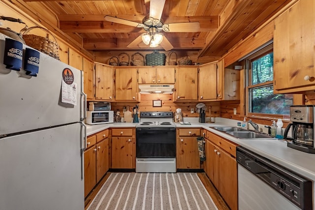 35 The Blf, Morganton, GA 30560 - kitchen featuring freestanding refrigerator, electric range, wooden ceiling, stainless steel dishwasher, and a sink
