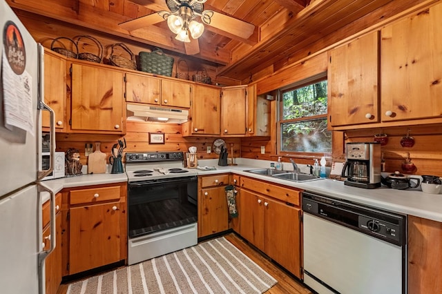 35 The Blf, Morganton, GA 30560 - kitchen with white appliances, under cabinet range hood, a sink, wooden ceiling, and light countertops