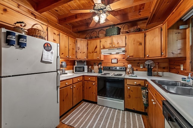 35 The Blf, Morganton, GA 30560 - kitchen featuring freestanding refrigerator, electric range, wooden ceiling, under cabinet range hood, and dishwasher