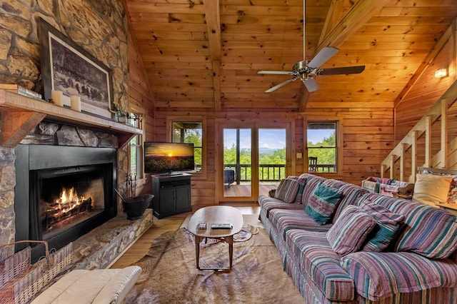 35 The Blf, Morganton, GA 30560 - living area with wood finished floors, wood ceiling, a fireplace, a ceiling fan, and wood walls