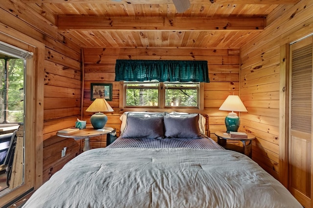 35 The Blf, Morganton, GA 30560 - bedroom featuring wood ceiling, multiple windows, beamed ceiling, and wood walls