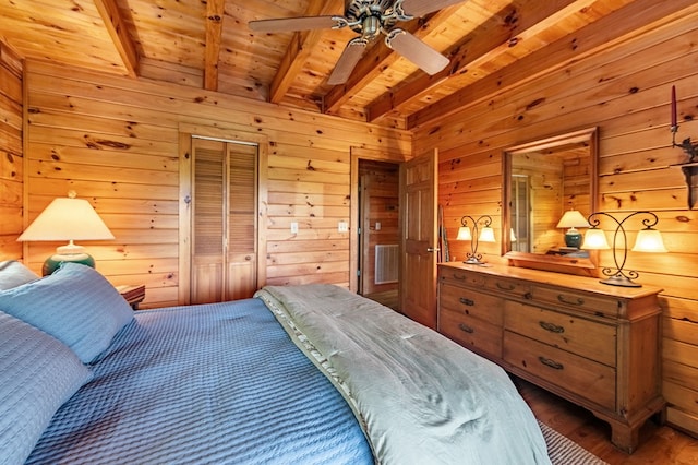 35 The Blf, Morganton, GA 30560 - bedroom featuring beam ceiling, wood ceiling, wood walls, wood finished floors, and a ceiling fan