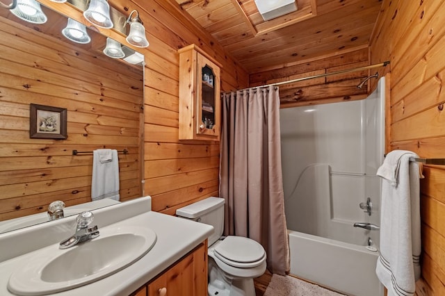 35 The Blf, Morganton, GA 30560 - full bath featuring wooden walls, vanity, wooden ceiling, toilet, and shower / bath combination with curtain