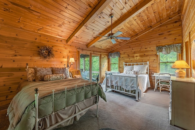 35 The Blf, Morganton, GA 30560 - bedroom with carpet floors, wooden walls, access to outside, wooden ceiling, and a ceiling fan