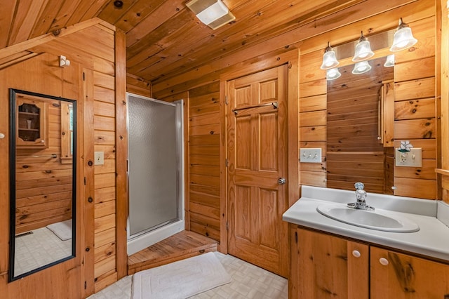 35 The Blf, Morganton, GA 30560 - bathroom featuring wood walls, a stall shower, wooden ceiling, and vanity