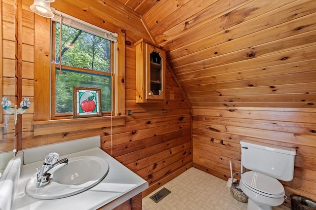35 The Blf, Morganton, GA 30560 - bathroom featuring wood walls, toilet, wooden ceiling, vaulted ceiling, and vanity