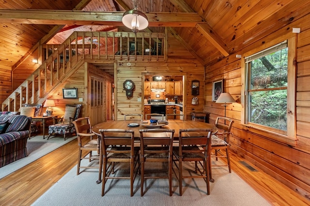 35 The Blf, Morganton, GA 30560 - dining room featuring wood walls, light wood-style flooring, wood ceiling, beam ceiling, and high vaulted ceiling