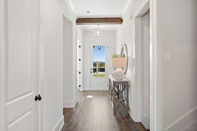 corridor with ornamental molding, dark hardwood / wood-style floors, and beamed ceiling