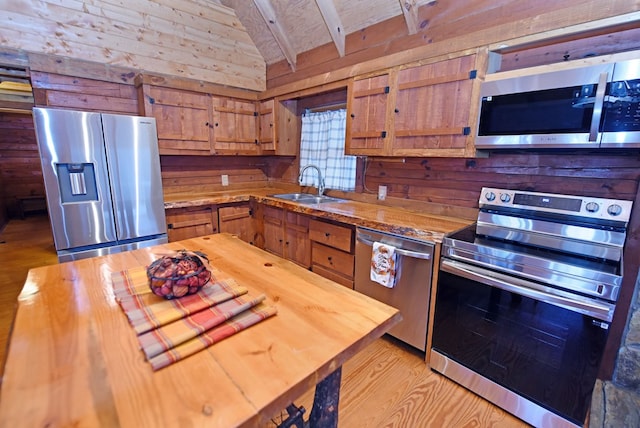 kitchen featuring sink, wood ceiling, butcher block counters, stainless steel appliances, and wood walls