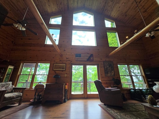 1102 Summit Way, Blairsville, GA 30512 - living room featuring high vaulted ceiling, wooden ceiling, ceiling fan, wood finished floors, and wooden walls
