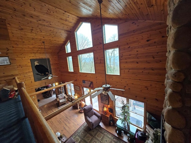 1102 Summit Way, Blairsville, GA 30512 - living area featuring ceiling fan, high vaulted ceiling, wood finished floors, wooden ceiling, and wood walls