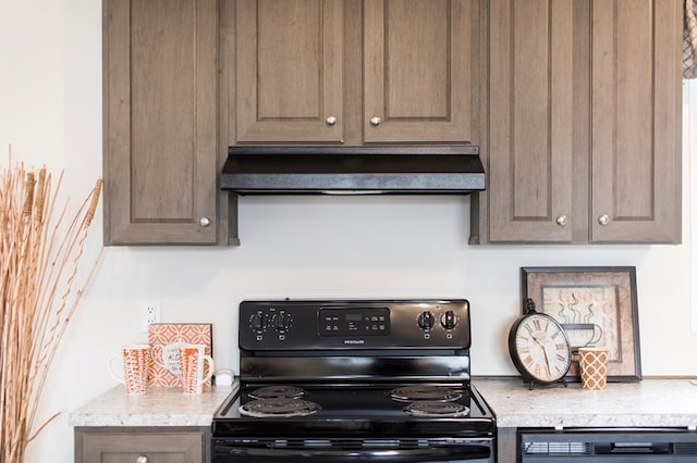 kitchen with dishwashing machine, exhaust hood, and black electric range