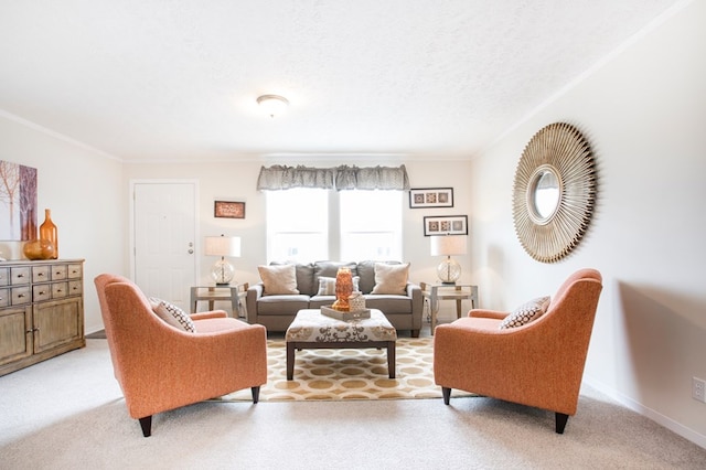 living room featuring light carpet