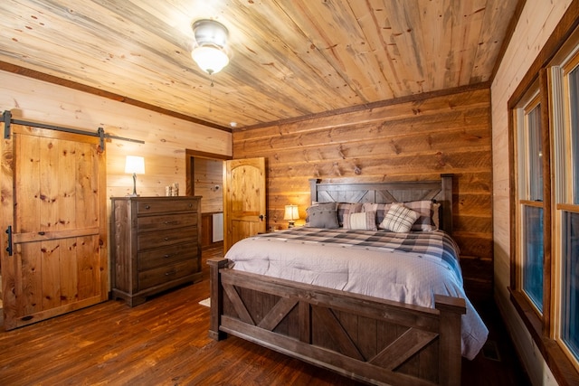 340 Hooch Holler Ln, Morganton, GA 30560 - bedroom with wood walls, wood ceiling, dark wood finished floors, and a barn door