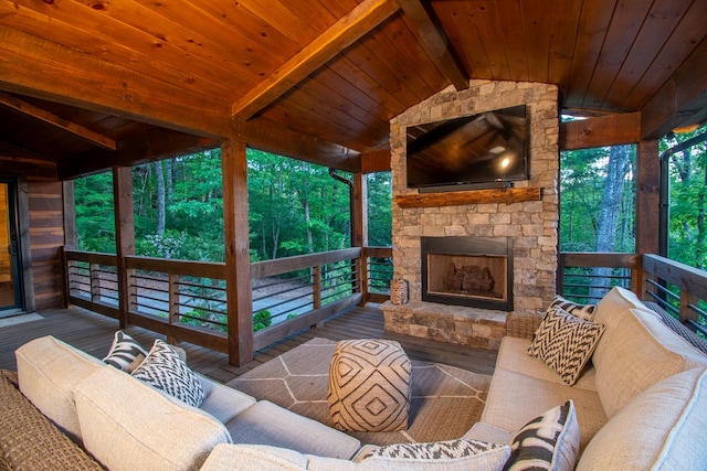 340 Hooch Holler Ln, Morganton, GA 30560 - living room with wood-type flooring, wooden ceiling, and an outdoor stone fireplace