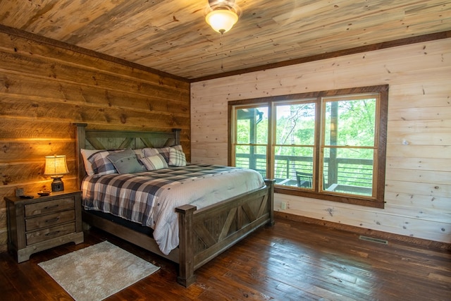 340 Hooch Holler Ln, Morganton, GA 30560 - bedroom with wood walls, wooden ceiling, and dark wood-type flooring