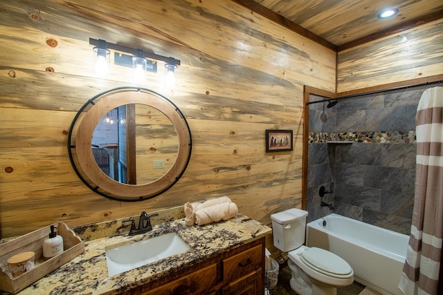 340 Hooch Holler Ln, Morganton, GA 30560 - bathroom with vanity, toilet, wood walls, shower / tub combo with curtain, and recessed lighting