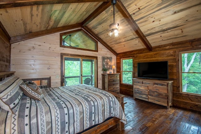 340 Hooch Holler Ln, Morganton, GA 30560 - bedroom featuring wooden walls, wood ceiling, access to exterior, and dark wood-type flooring