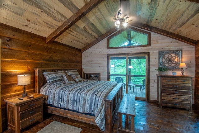 340 Hooch Holler Ln, Morganton, GA 30560 - bedroom with wooden walls, wood ceiling, vaulted ceiling, access to exterior, and dark wood-style floors