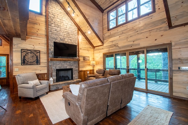 340 Hooch Holler Ln, Morganton, GA 30560 - living area with wood walls, high vaulted ceiling, wooden ceiling with exposed beams, hardwood / wood-style floors, and a stone fireplace